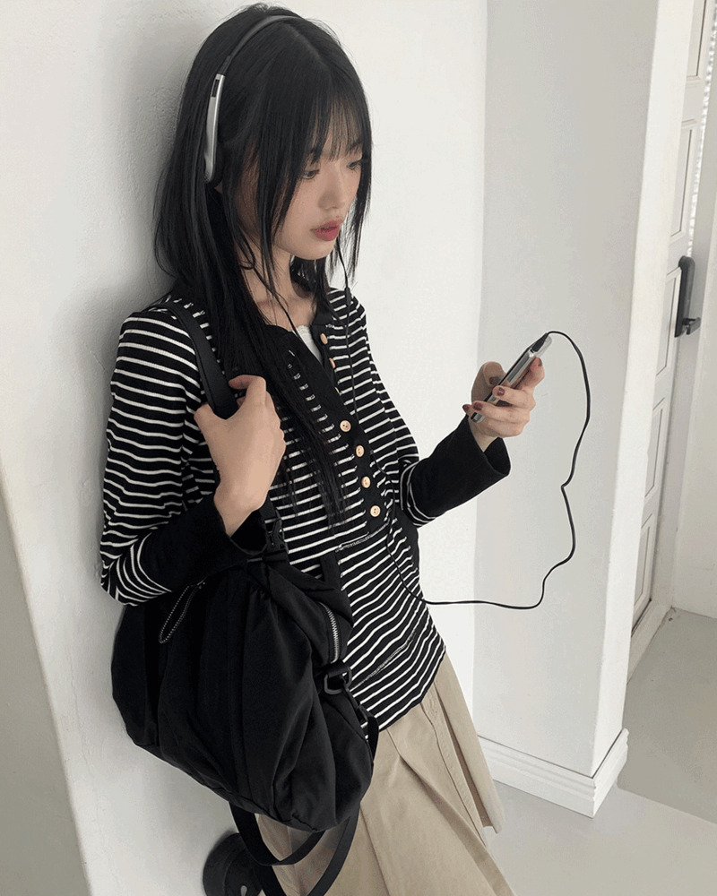 Mihoo Vintage Stripe Button Pocket Long Sleeve T-Shirt 针织衫