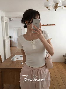 夏日圓領半開襟蕾絲羅紋短版短袖T恤