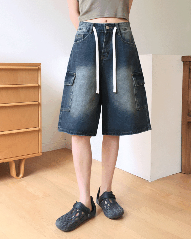 Kelu Vintage Faded Strap Cargo Denim Bermuda 3/4 Pants 短裤