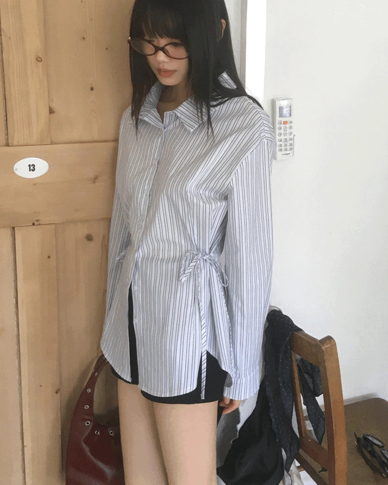 側邊綁帶寬鬆直條紋襯衫