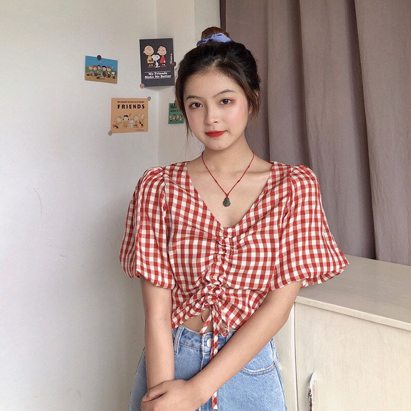 Basic check shirring blouse