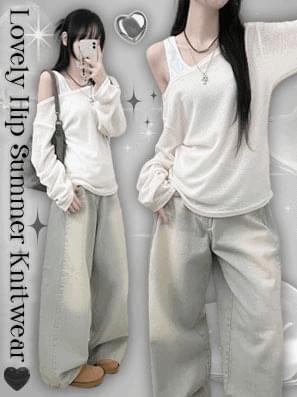 Over Shoulder Round Knitwear Long Sleeve T-Shirt