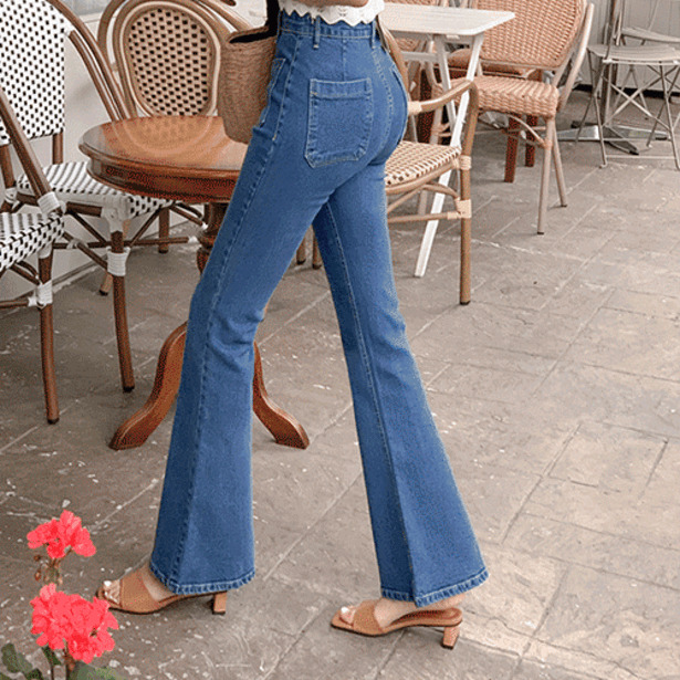 ** Dark Blue pocket denim Flared pants 牛仔裤