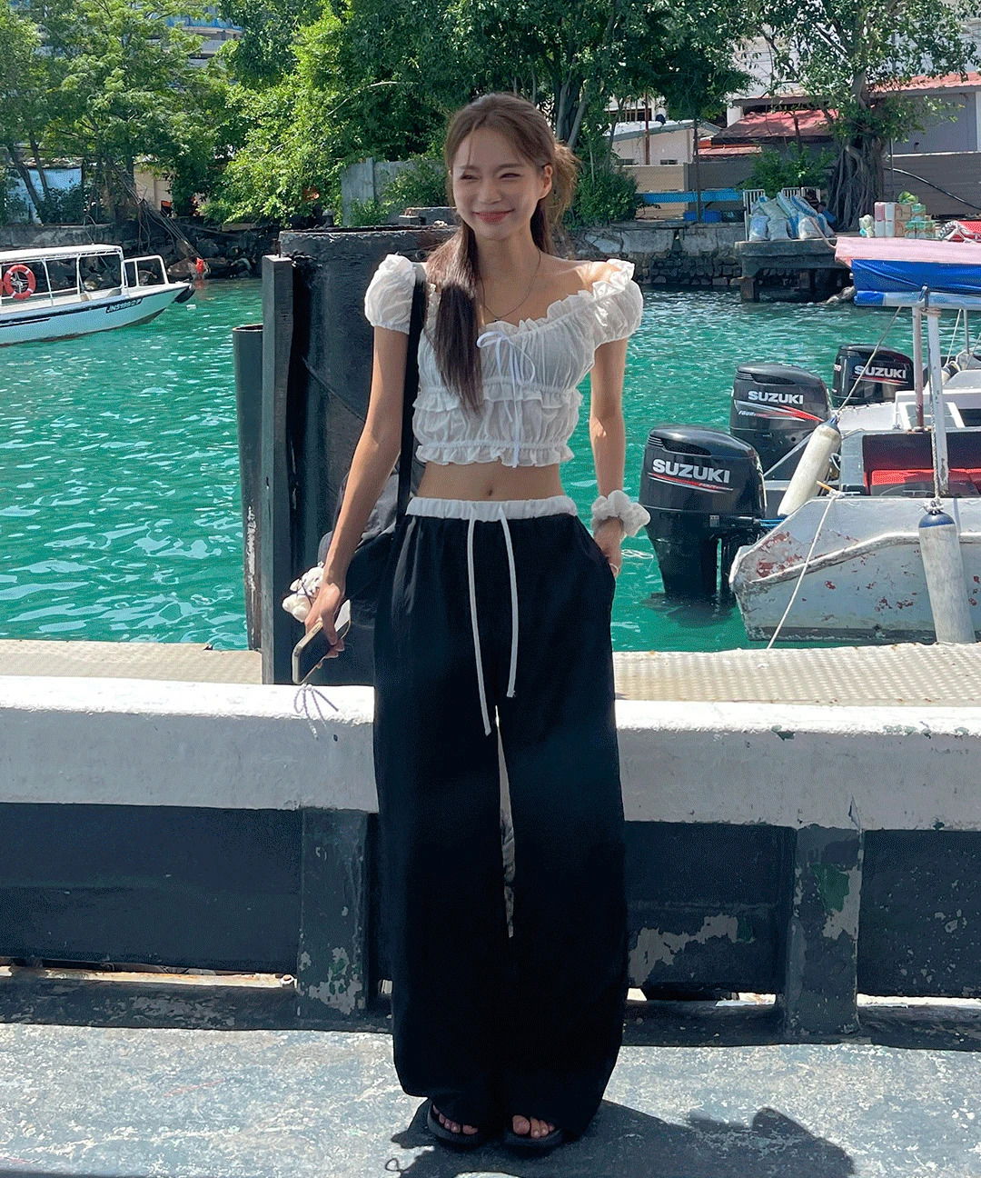 나크 나일론 배색 바스락 롱 와이드 밴딩 팬츠