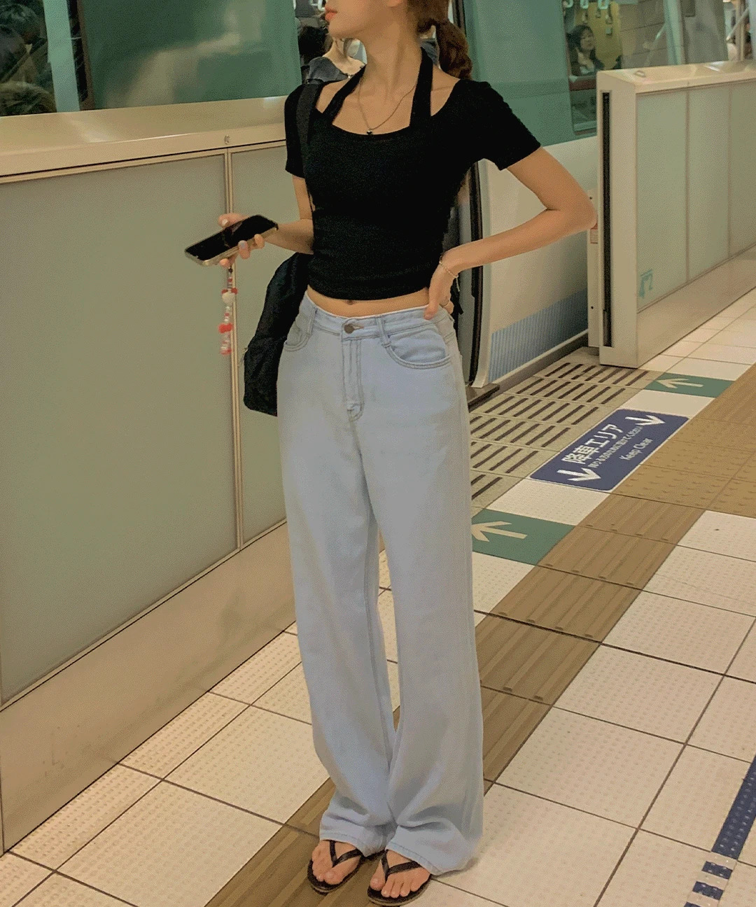 Ace straight semi-wide ice Light Blue blue linen denim pants