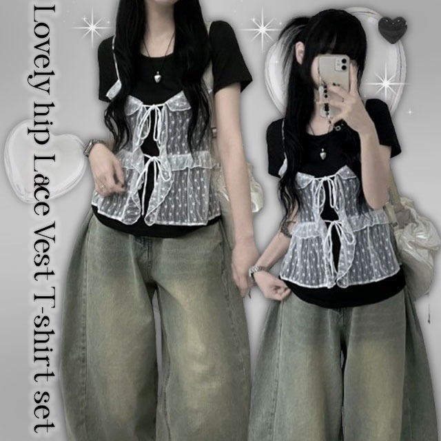 Sleeveless floral frill ribbon lace bustier + wrap short sleeve t-shirt set 套装