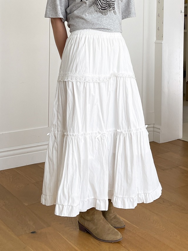 Big Size S-XL Violet Ribbon Lace Frill Cancan Flare Banding Long Skirt 裙子