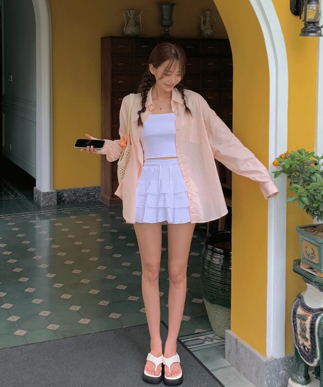 디션 얇은 시스루 박시 린넨 파스텔 커버업 셔츠