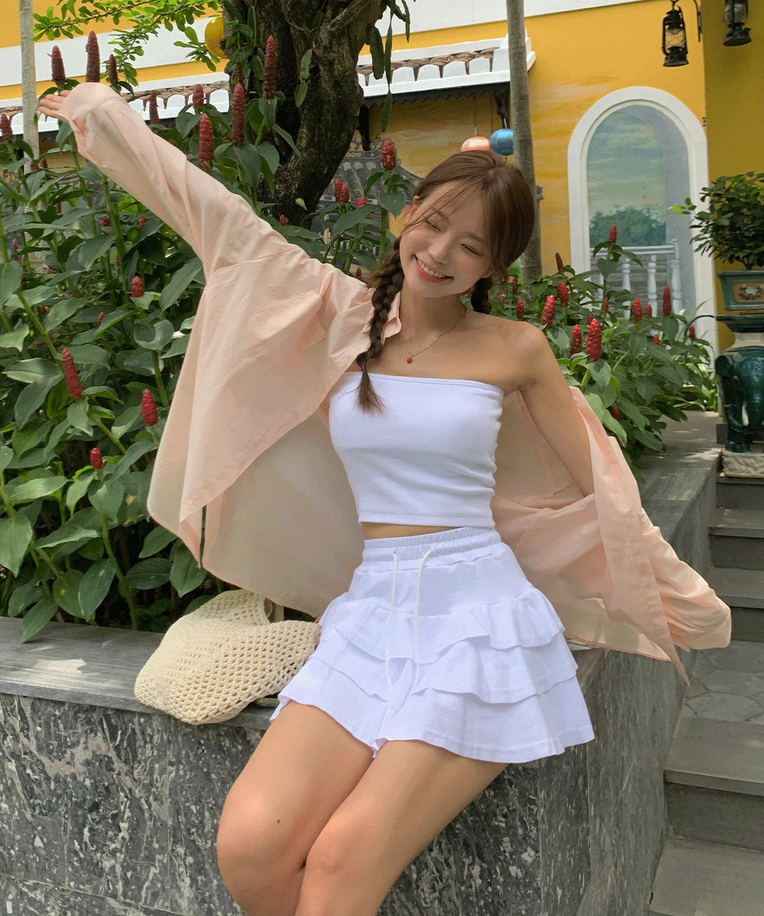 투핫 튜브탑 밴딩 캉캉 치마바지 미니 스커트 세트