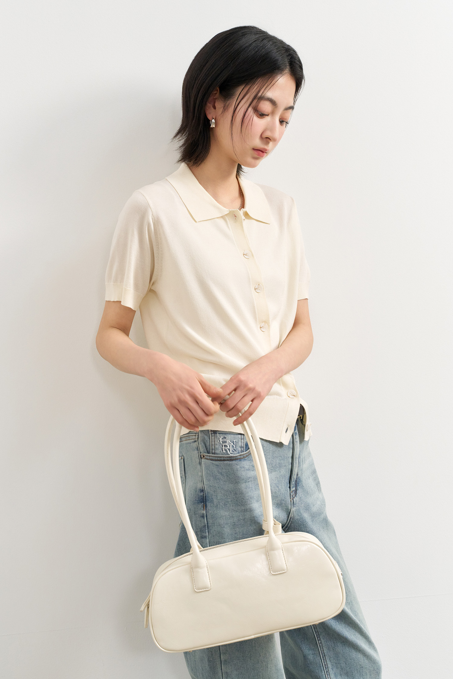 女款基本開襟翻領半長版外套