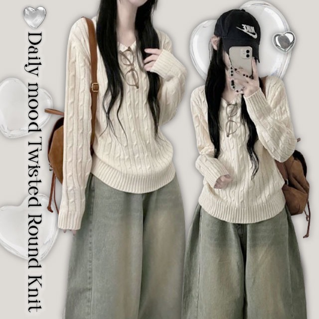 Sand Round Twisted Loose-fit Long Sleeve Knitwear  针织衫