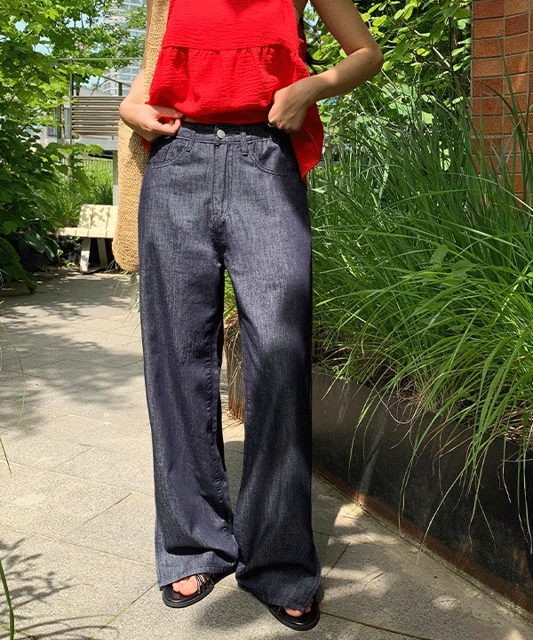 Linte Cooling Hidden Banding Back Pocket Team Wide Raw Denim Pants -2color