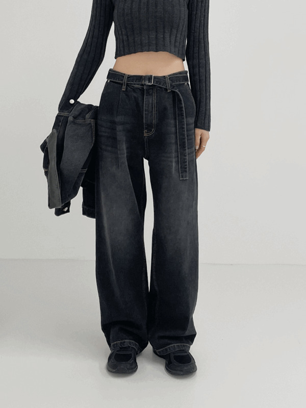 Cat Faded belted pintuck wide denim 牛仔裤