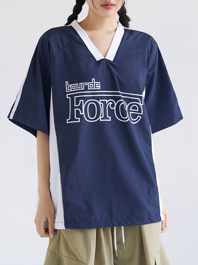 Big size 55-100 Pare lettering V-Neck color blocking string overfit nylon short sleeve T-shirt water bomb drenched show 短袖上衣