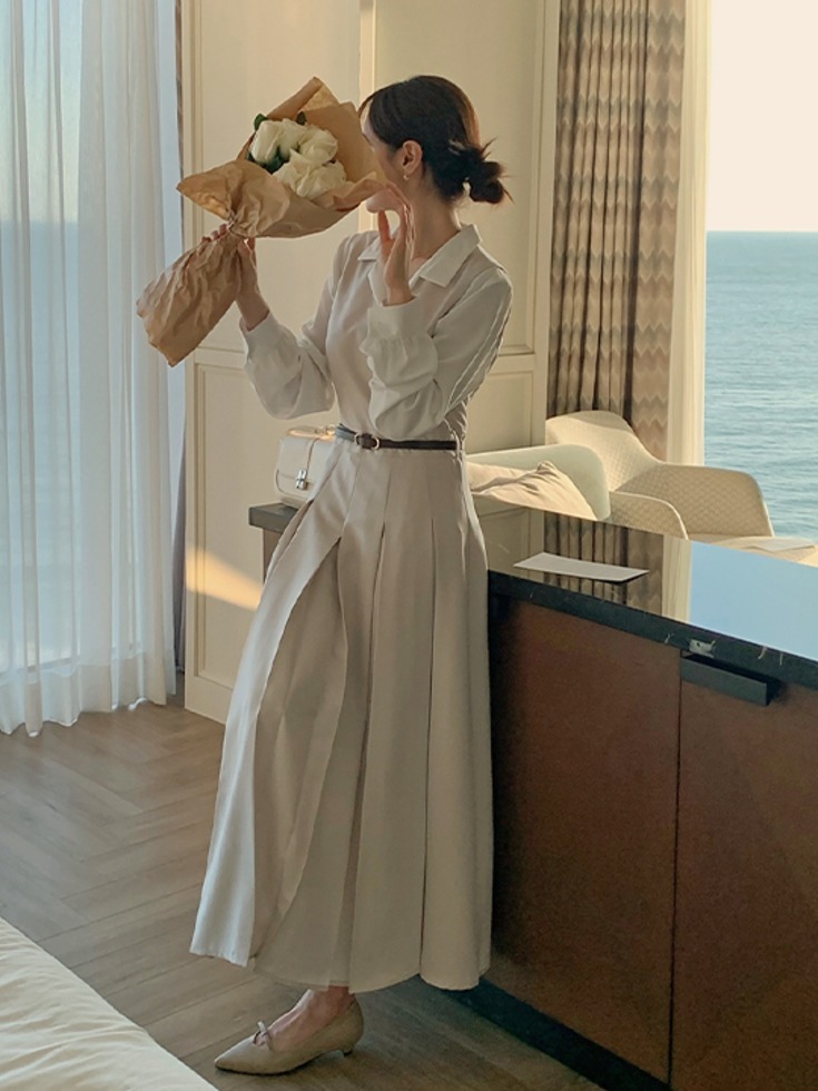 DIKENDIVE V- V-Neck Wrap-Style Pleated Belt Long Dress 连身裙