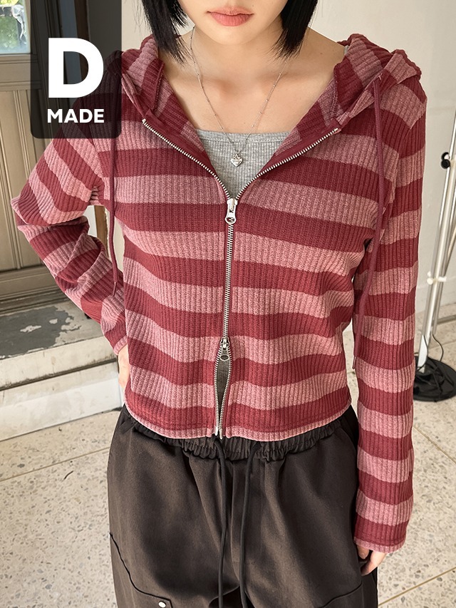 Big Size 55-99 Bunny Vintage Stripe Ribbed Two Way Semi Crop Long Sleeve Knitwear Hooded Zip-up Cardigan 針織外套