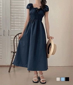 Melia Ribbon Shirring Off-Shoulder Banding Flare Long Dress