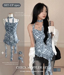 Blue Aid Check Ankle Tail Muffler Scarf Tail Blouse Two-Piece Set