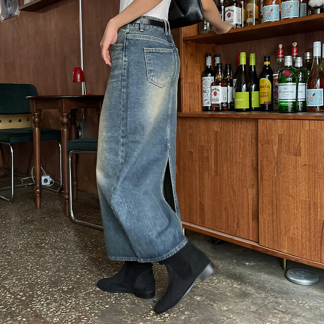 Big Size S-3XL Melien Vintage Faded Denim Long Banding Denim Skirt 裙子