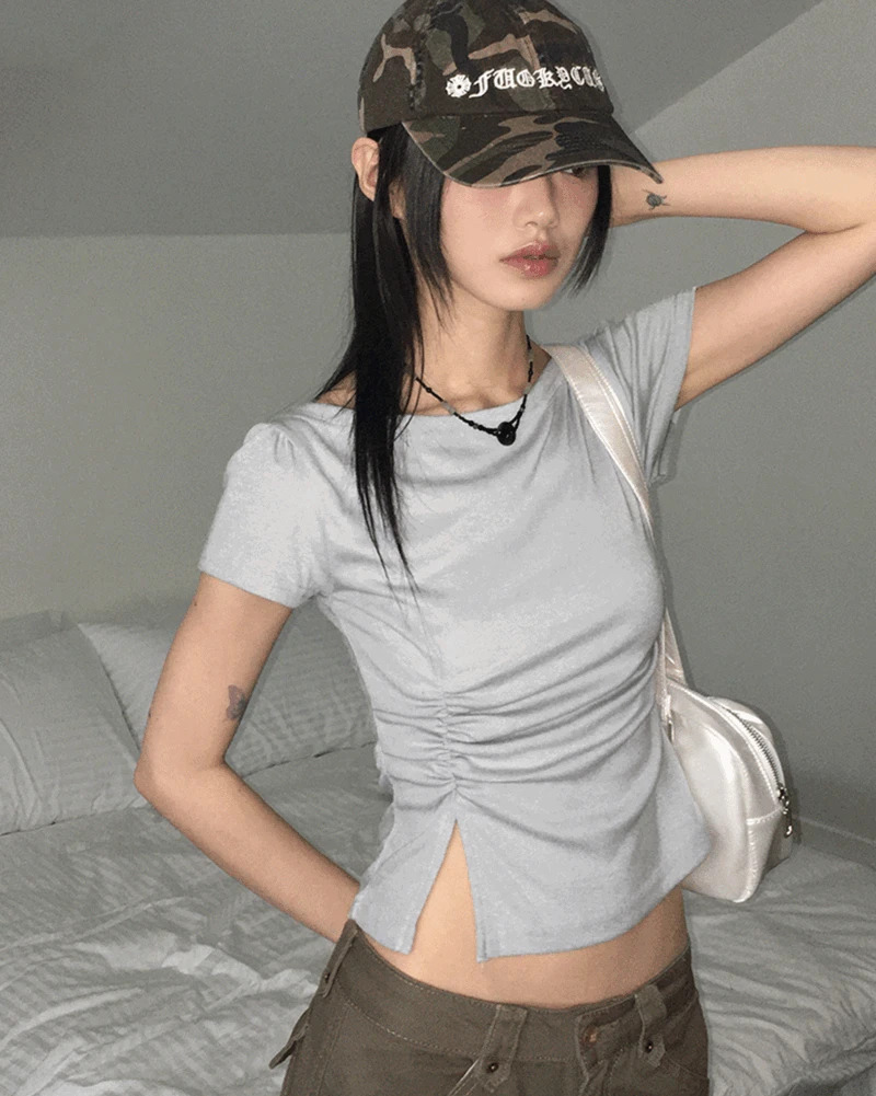 Kinty Unbalanced Shirring Team Boat Neck Short Sleeve T-Shirt 短袖上衣