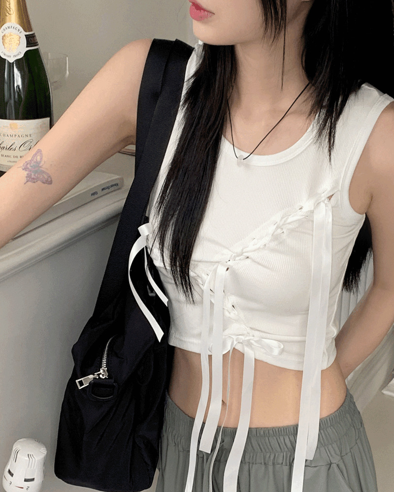Hino Ballet Core Eyelet Ribbon Crop Sleeveless Sleeveless 无袖