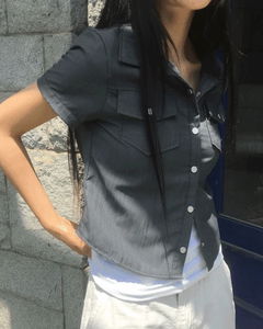 口袋設計短袖襯衫上衣