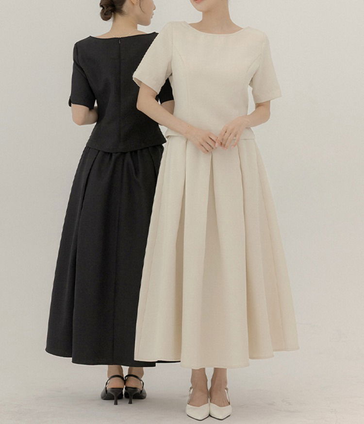 Hevindone tweed pleated back banding two-piece set 套裝