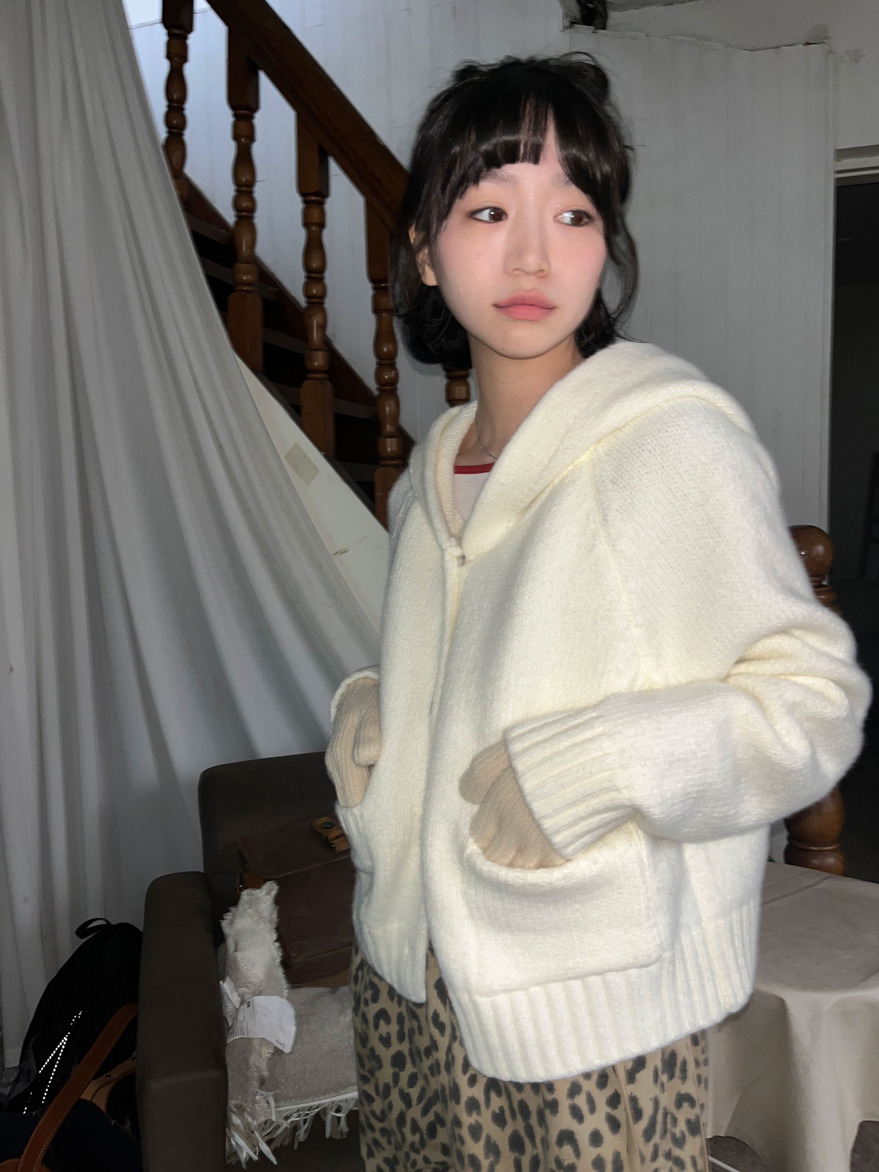 連帽口袋針織長版開襟衫