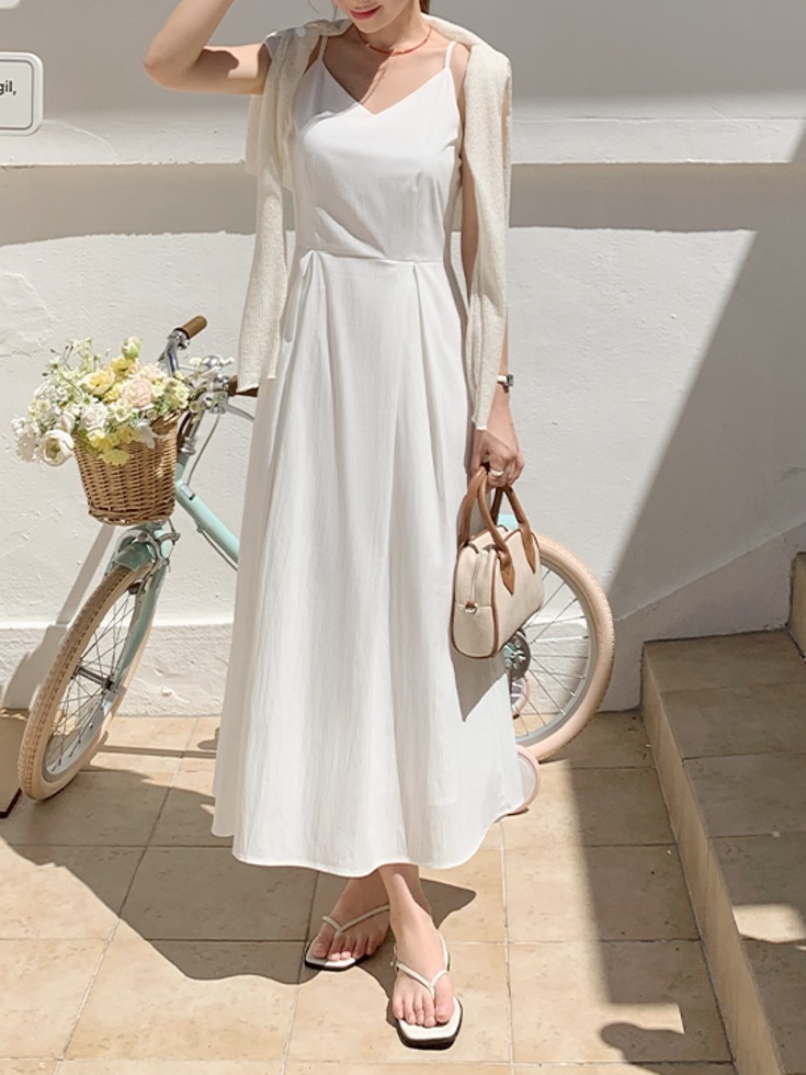 Leaf dish rustling V-Neck pleated bustier long Dress 连身裙
