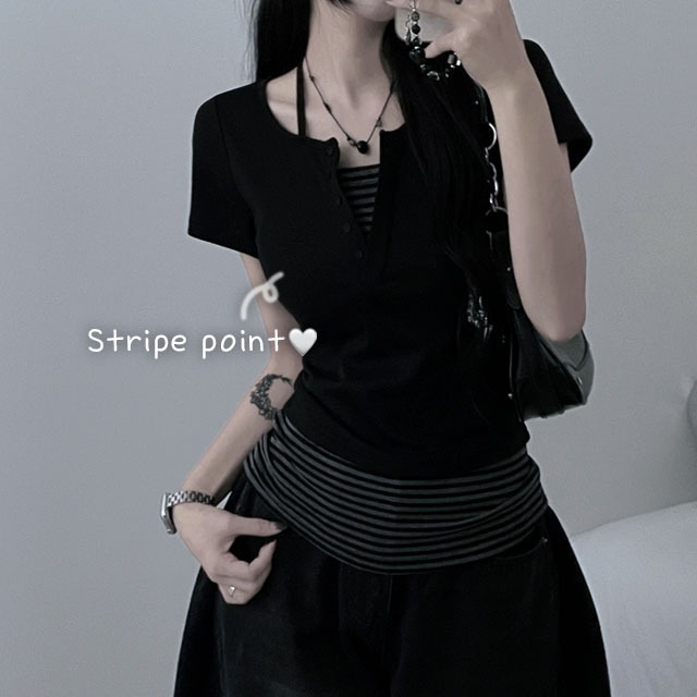 Open Halter Striped Sleeveless Layered Button Slim Fit All-in-one Short-sleeve T-shirt 短袖上衣