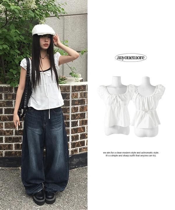 노알 레이스 리본 퍼프 나시 블라우스