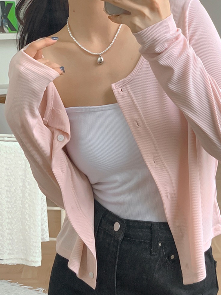 Heysdel Spandex Ribbed U-Neck Loose Loose-fit Cardigan 开襟衫