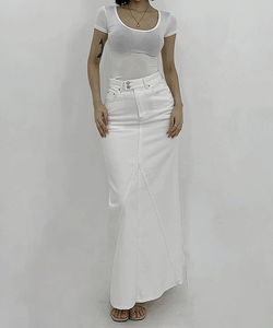 White Daily Cotton Denim Two Button High Waist Maxi Long Skirt