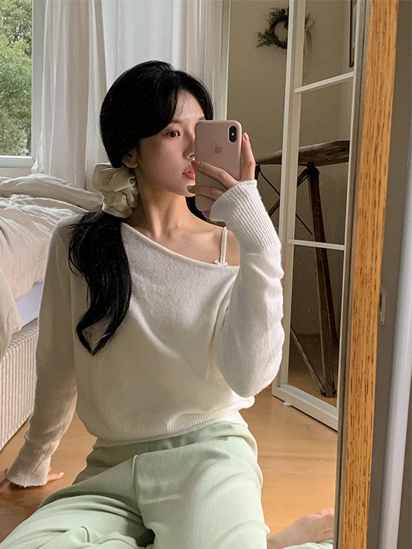 Slub Summer One Shoulder Boat Neck Off Shoulder Long Sleeve Knitwear 針織衫
