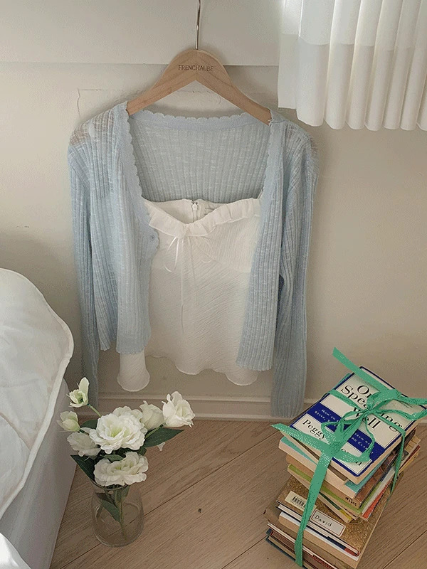 Dove Summer Linen Crop Ribbed Knitwear Long Sleeve Cardigan 开襟衫
