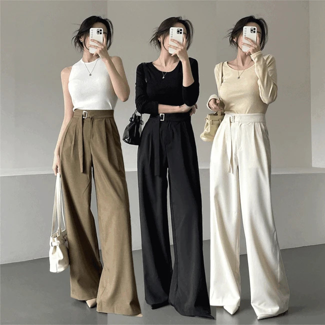Ganadaran Treever High Waist Two Pin Tuck Belt Buckle Wide Slacks 3 Colors 長褲