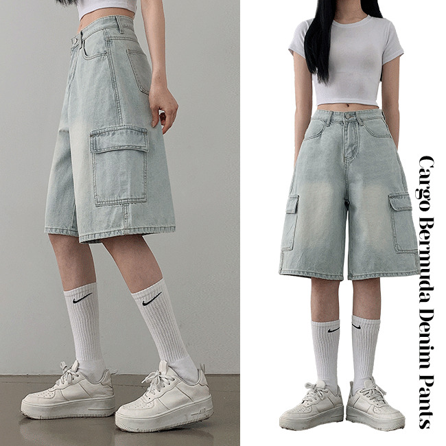 Yui high waist cargo cat Faded denim half Bermuda pants 短裤