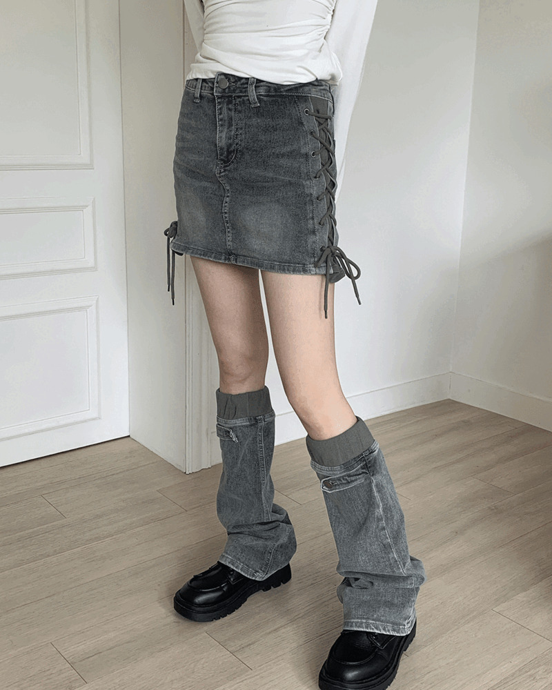 Chips Strap Denim Knee Socks Mini Skirt 裙子