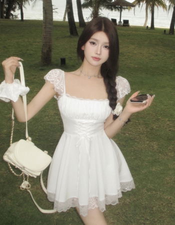 Bunny Square Neck Lace Mini Dress