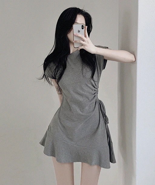 Uneven shirring plain cap sleeve mini Dress 2 colors (Delayed delivery)