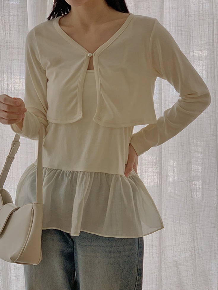 Ellen's Spandex Sheer Color Block Sleeveless Cardigan Set 套裝