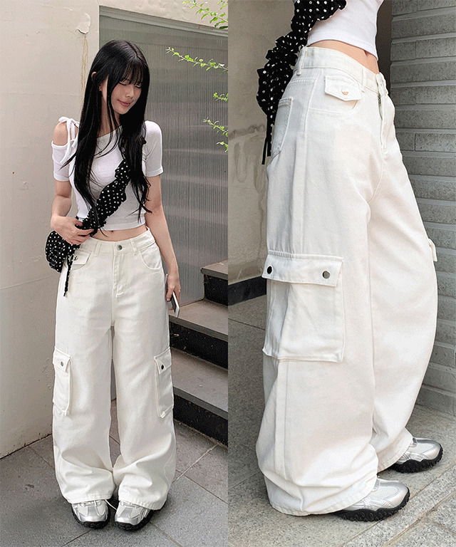 베니 포켓 카고 코튼 스냅버튼 와이드 팬츠 바지 로우웨스트 데일리 힙무드 하체커버 Y2K