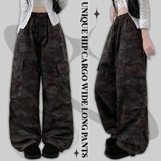 Camo pattern nylon cargo wide banding long pants 长裤