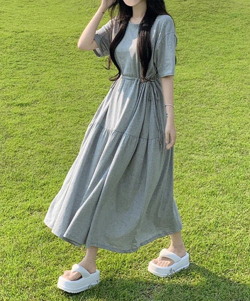 Waist-cinched side string short-sleeved long one Dress