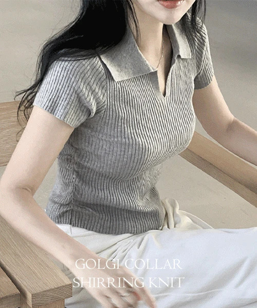小翻領抽褶短袖針織衫