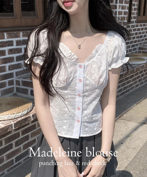 瑪德蓮泡泡袖抓褶排扣女襯衫