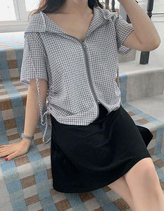 지지미체크3 셔링후드집업점퍼