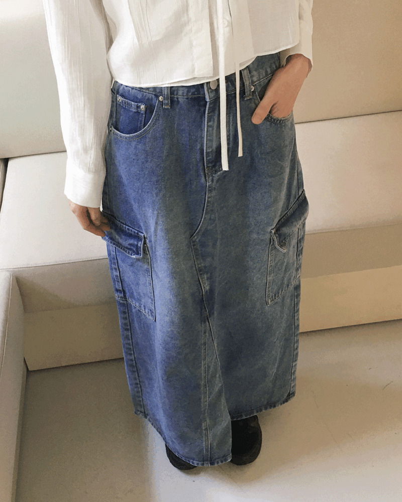 Plaque Split cargo pocket, back band, back slit, denim long skirt 裙子