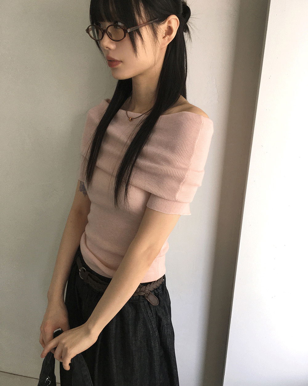 タイソンプリーツオフショルダーウール半袖ニット