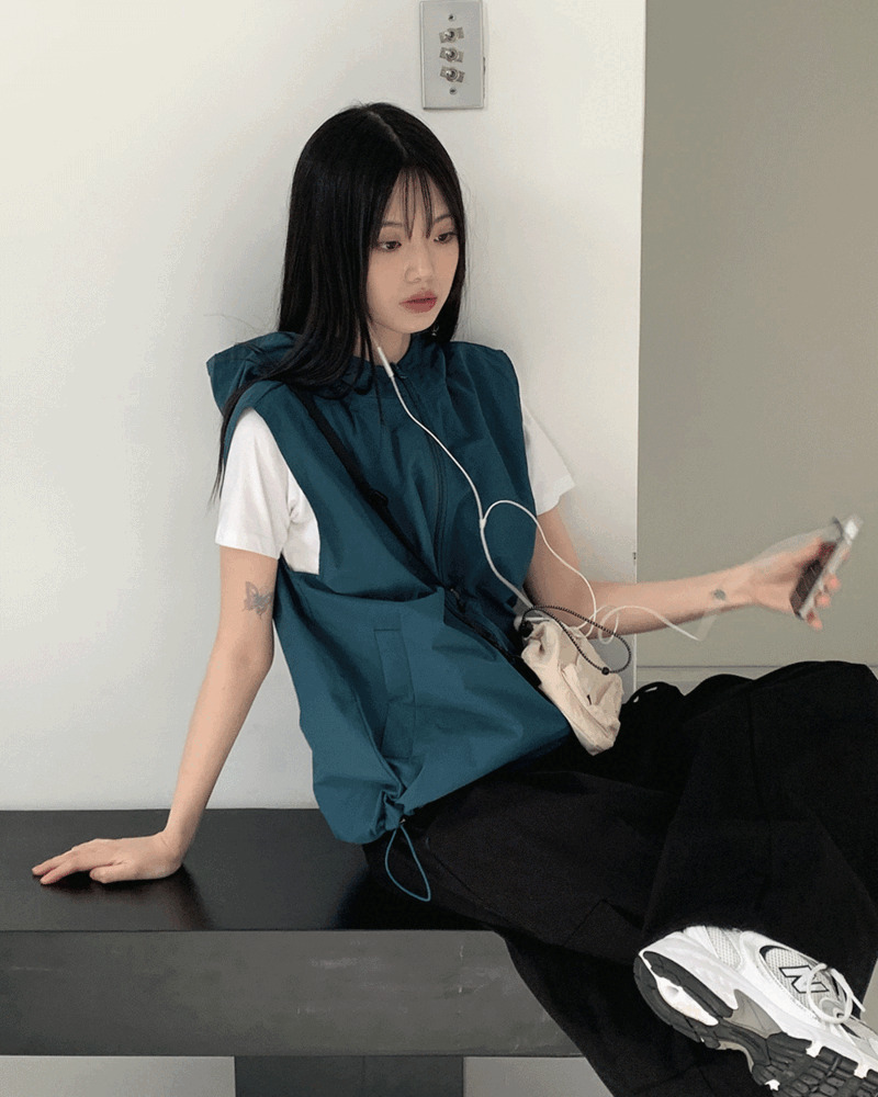綁帶連帽無袖拉鍊外套